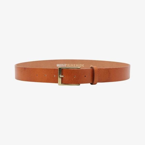 Full width view of Brandy leather belt with a gold buckle on a white background