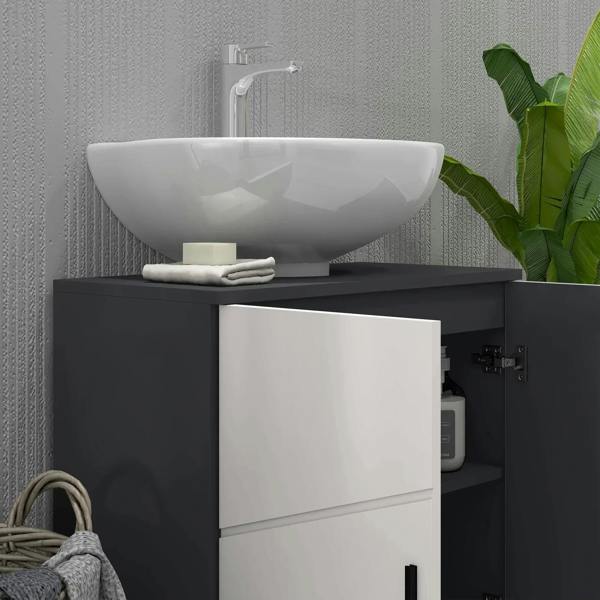 Light grey bathroom vanity cabinet with black countertop and open door storage compartment