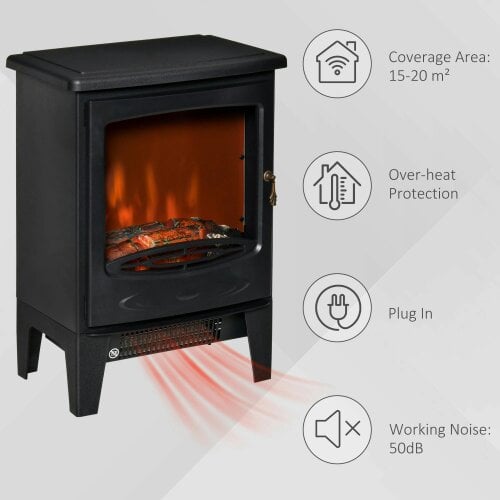 Bobobiy Electric Fireplace Stove, Freestanding Fireplace Heater with Realistic LED Flame Effect and Adjustable Brightness, 900W/1800W, Black