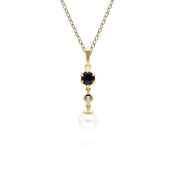 270P030101925 Modern Pearl, Sapphire & Topaz Drop Pendant in Gold Plated Silver 1