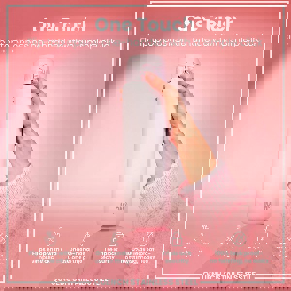 A light pink stainless steel water bottle is held; its flip top opens one-handed. The bottle features the brand "ION8" and is shown against a pink background. "One Touch," "Flips open with a simple click," "One-handed use on the go," "Triple lock security," and "100% leak proof - no twisting, no leaks" are also displayed.