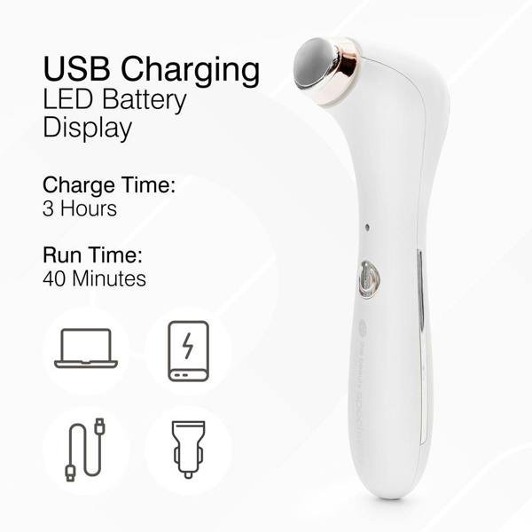 The white Rio Eye Refreshing Massager features a metal treatment head, USB charging, LED battery display, 3-hour charge time, and 40-minute run time—perfect for easing puffiness and dark circles, with multiple charging options.