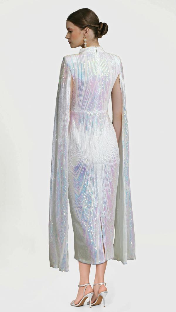 LuvForever Alexandra - White Cape Sleeve Sequin Midi Dress