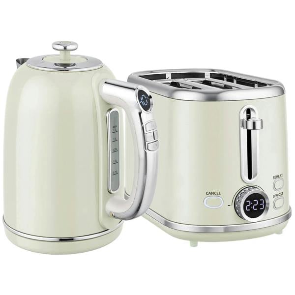 Retro kettle and toaster set with chrome accents, light cream finish