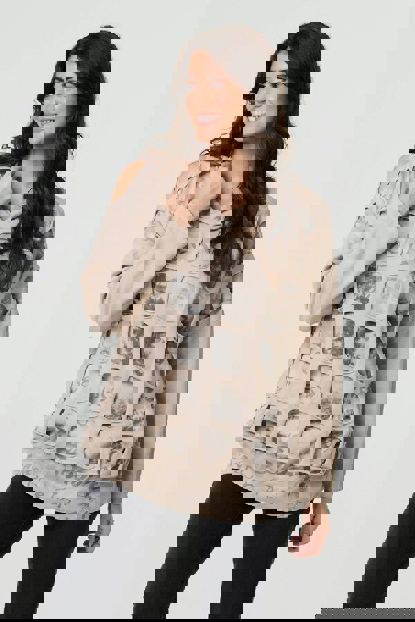 Beige | Graphic Print Cut Out Layer Hoodie
