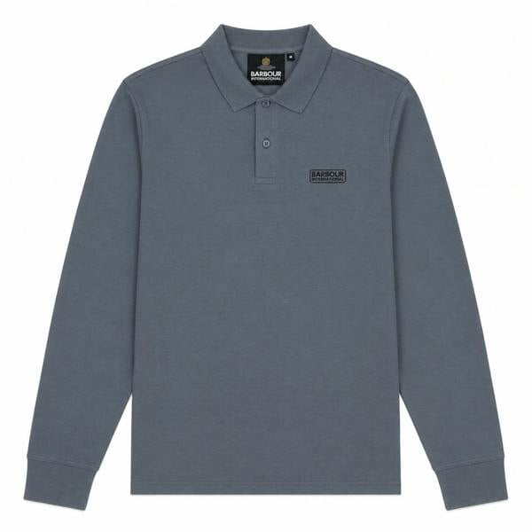 Washed charcoal Barbour International long sleeve polo shirt with a two-button placket and rubberised logo badge on the chest.