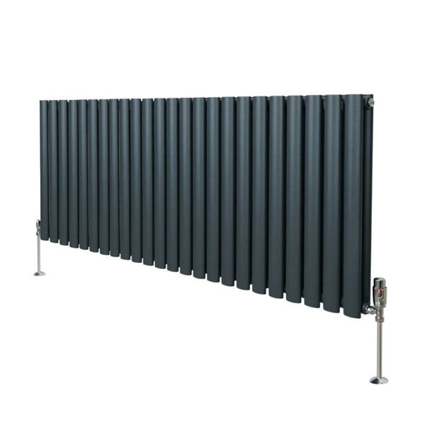 Oval column radiator in anthracite grey, 600mm x 1440mm, featuring sleek vertical tubes and polished valves for modern heating solutions
