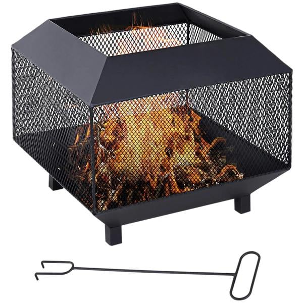 Black square outdoor fire pit brazier with mesh sides, open lid, and log grate