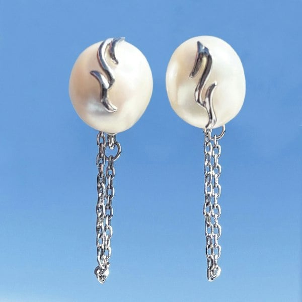 Freshwater pearl studs with looping silver chains by LENAE London.