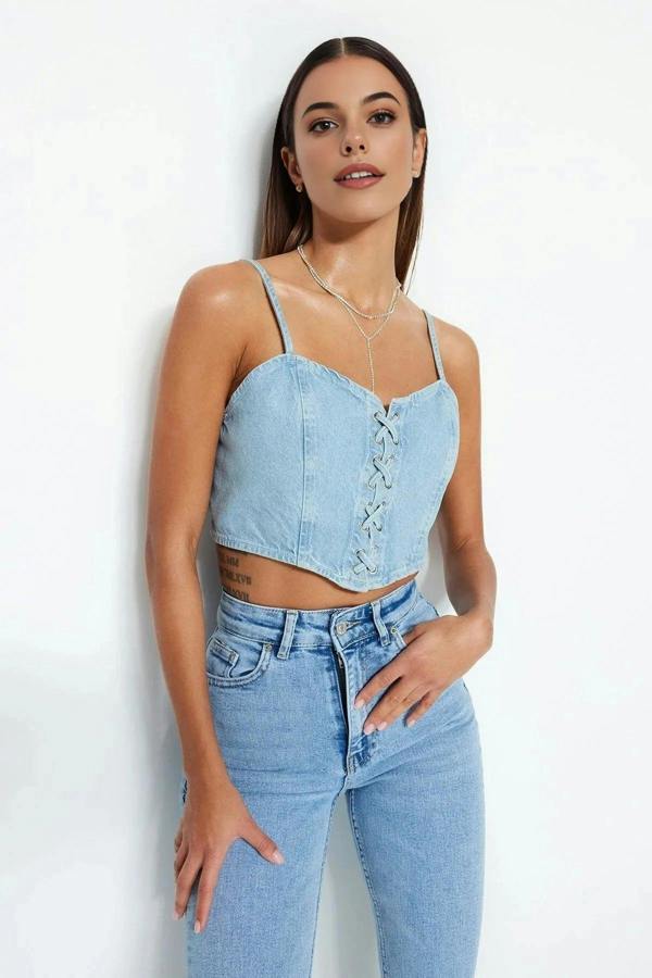 WOVCOR Tie-Detail Sweetheart Neckline Fitted Crop Denim Bustier
