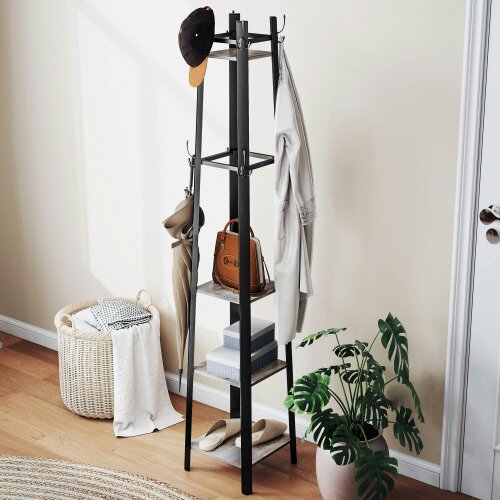 Wyld Haus Savapa Metal And Wood Grey And Black 4 Tier Industrial Coat Stand With Shelves
