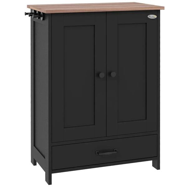 Black raised pet feeding station cabinet with wood top, double doors, and front drawer.