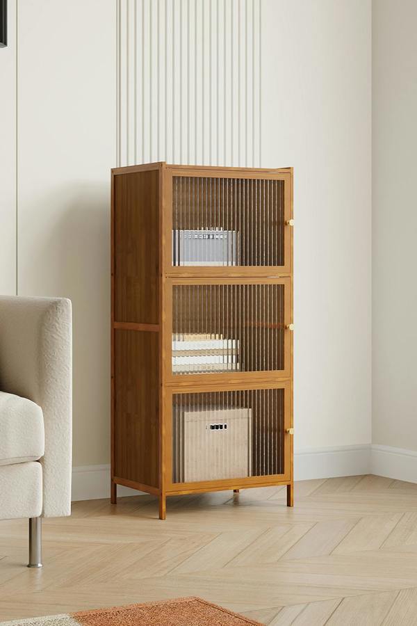 Versatile 3-Tier Bamboo Storage Cabinet Bookcase Bookshelf Storage Rack w/ Doors