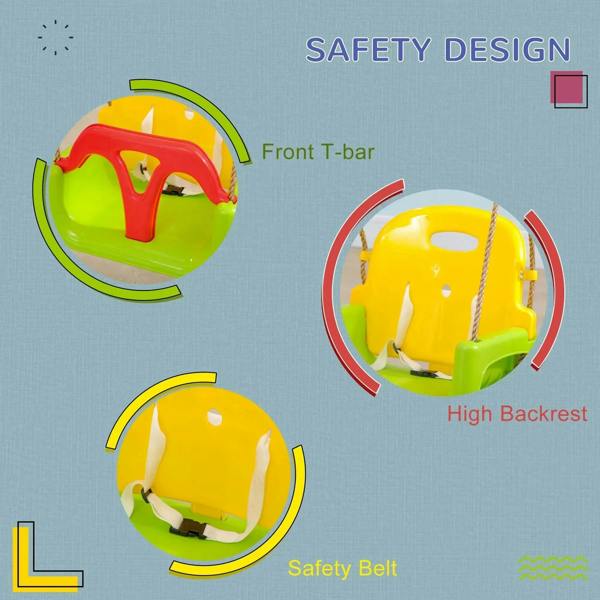 Kids swing seat safety details: yellow T-bar, green sides, and seat belt