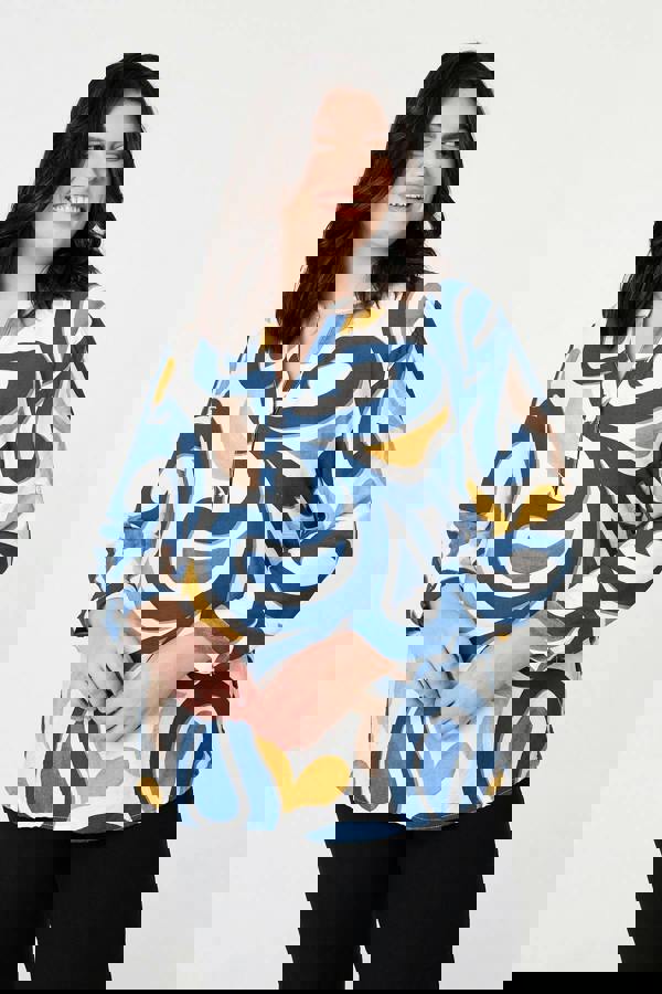 Blue | Curve Abstract Turn-Up Sleeve Blouse