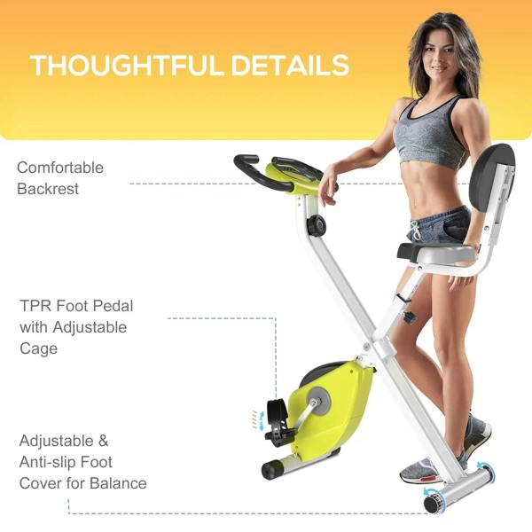 Folding exercise bike with lime yellow crank housing, adjustable pedal cage, and LCD
