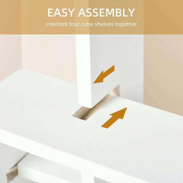 White interlocking cube shelf pieces joining together for assembly