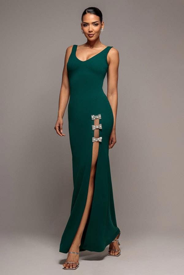 Diamante Brooch Thigh Split Mermaid Maxi Dress - Emerald DR4433