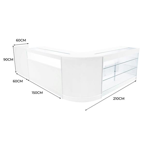 Polaris LED Shop Counter Set in sleek white, featuring curved edges, glass display shelves, and modern design, dimensions 210x150x90 cm