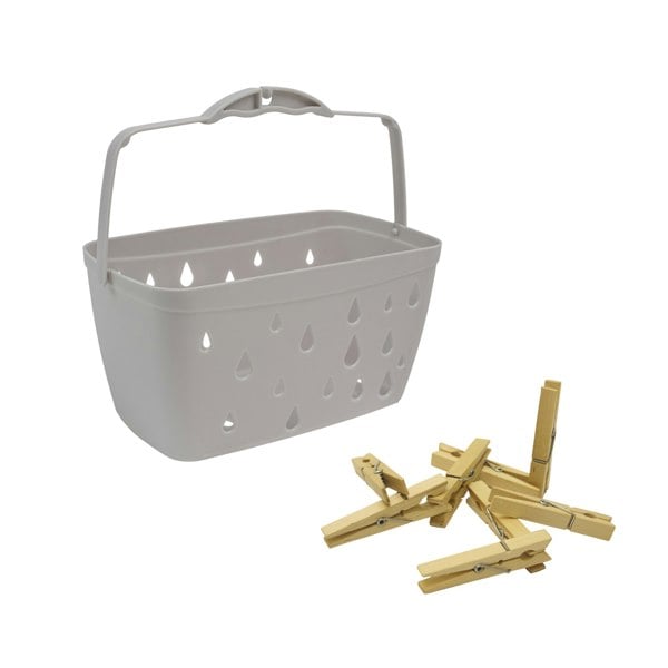 JVL Plastic Peg Basket, Grey with 24 Wooden Retro Pegs, Brown