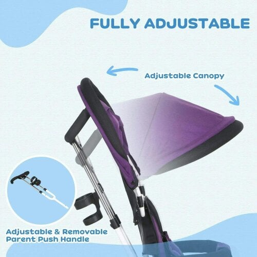 Bobobiy 6 in 1 Kids Trike Push Bike w/ Push Handle, Canopy, 5-point Safety Belt, Storage, Footrest, Brake, for 1-5 Years, Purple