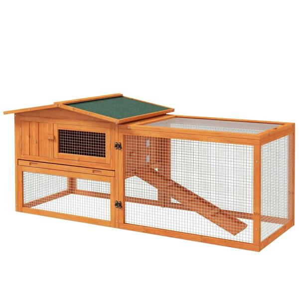 Orange wooden rabbit hutch with attached run, green roof and wire mesh sides