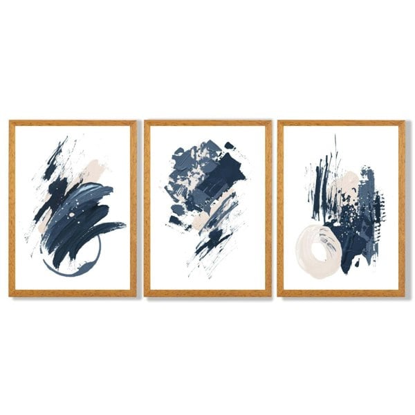 Abstract Set of 3 Minimal Blue Oil Painting Framed Art Prints with Oak Wooden Frames