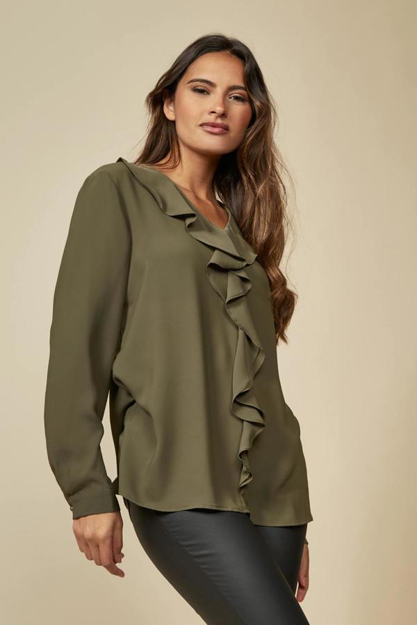 Hoxton Gal Relaxed Fit Top with Frilled Front in Khaki