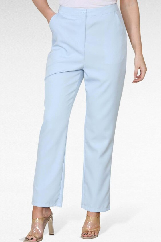 Elaina Fashion Women's Baby Blue High Waist Straight Leg Trousers - Casual Smart Tailored Tapered Leg Office Work Pants Bottoms with Pockets - Baby blue - 100% Polyester