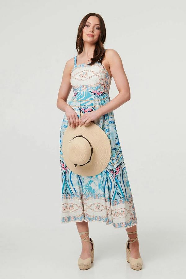 Blue | Border Print Wide Strap Midi Sun Dress