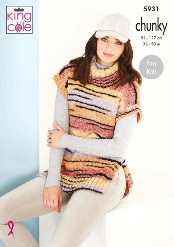 King Cole Safari Chunky Knitting Pattern 5931, Tops, Slipovers for Women, 32 - 50 Inches - Easy