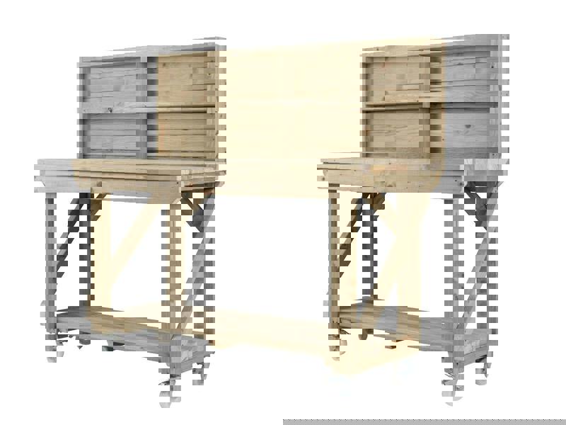 Indoor/Outdoor Pressure-Treated Single Shelf with back panel and wheels Workbench, a robust and versatile solution for all your workspace needs. Handcrafted in the UK, this workbench is constructed from high-quality, pressure-treated timber, ensuring durability and resistance to the elements, making it suitable for both indoor and outdoor use.