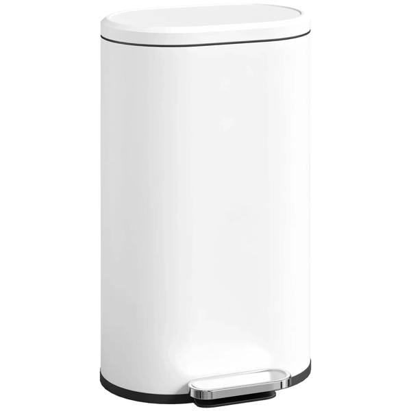 White curved kitchen trash bin with swing lid and foot pedal, round black base