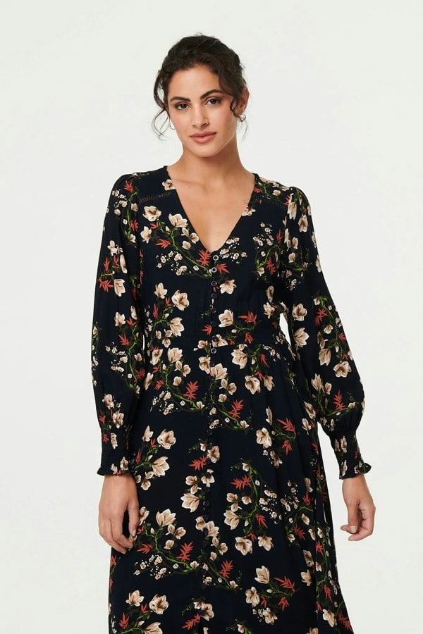 Navy | Floral Long Sleeve Lace Trim Maxi Dress