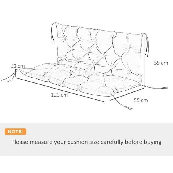 Dark grey bench cushion with ties; tufted pad layout with dimensions