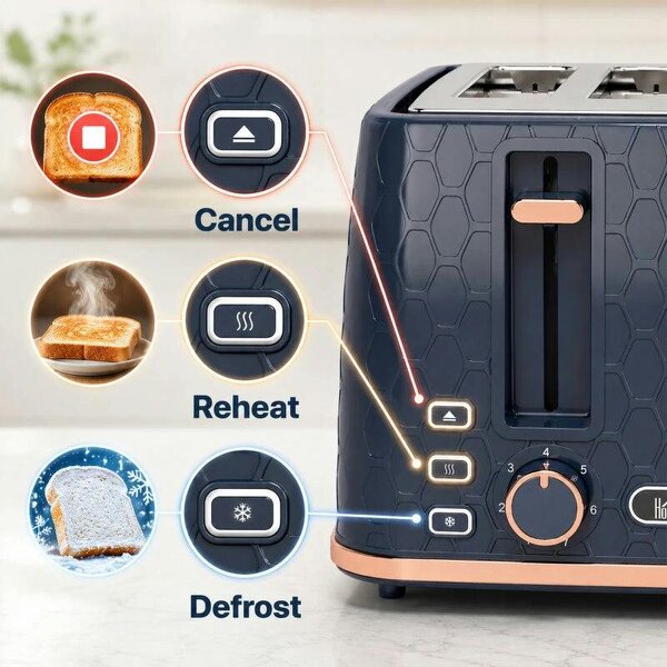 Toaster 4 slice, Toaster with 7 Browning Levels, High Lift, Reheat/Defrost/Cancel, Self-centring Function, Dark Blue