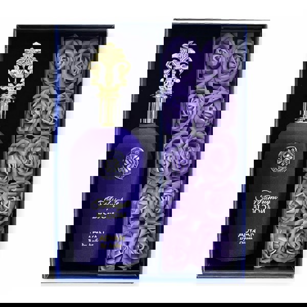 Adyan Midnight Bloom Extrait De Parfum 100ml open box with purple roses