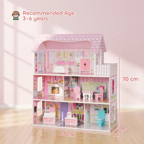 AIYAPLAY Dolls House with 8 Pieces Accessories, 3-Level for 3-6 Years, Pink