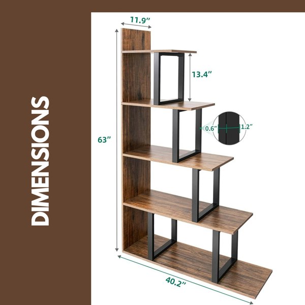 Rafaelo Mobilia 5 Tier Stepped Book Shelf Industrial Rustic Brown