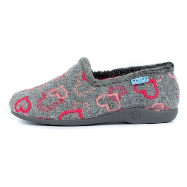 Lunar Womens Jolly Grey Heart Slippers - Grey/Pink