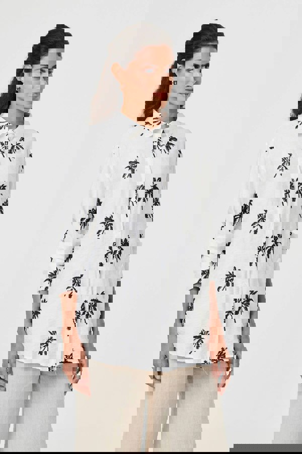 White | Tropical Print Relaxed Long Sleeve Shirt
