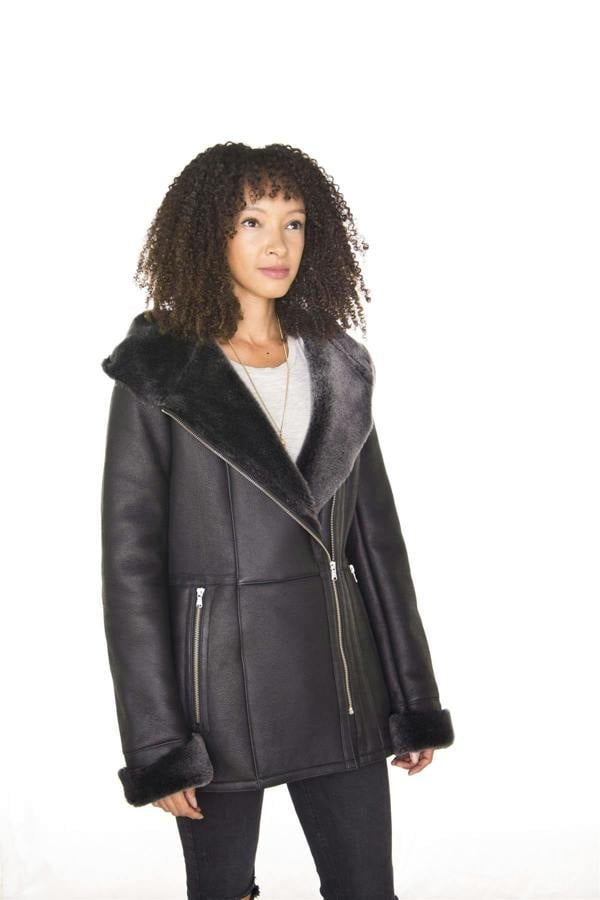 Infinity Leather Womens Black Hooded Merino Sheepskin Jacket-Mandalay