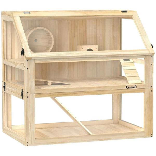 Natural wood hamster cage with ramp, exercise wheel and enclosed play area