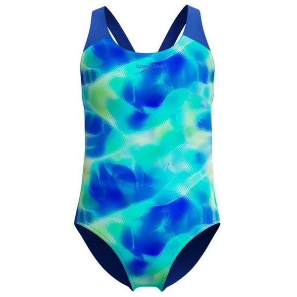 Vibrant blue printed splashback swimsuit for girls by Speedo