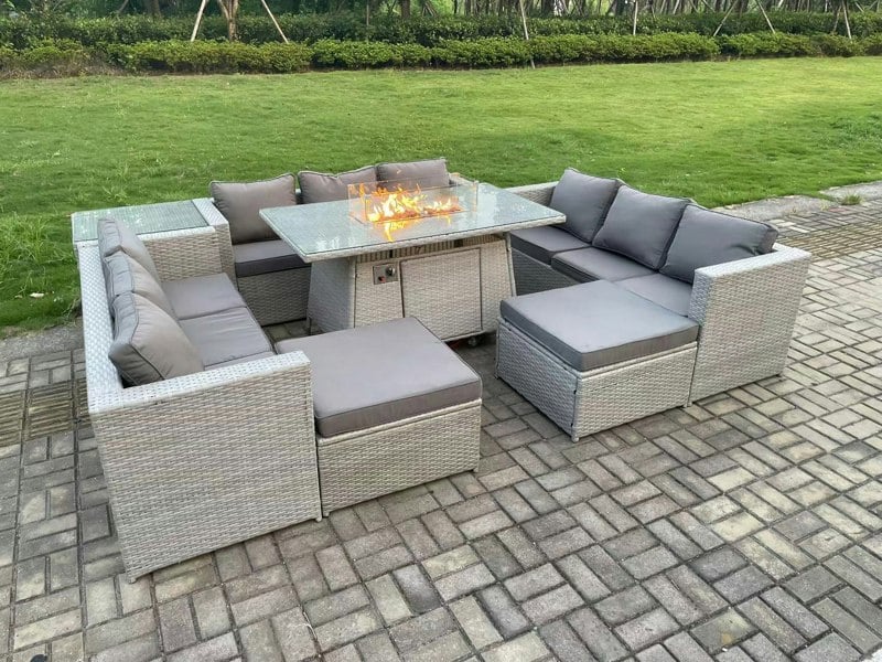 Fimous Rattan Outdoor Garden Dining Furniture Set with Gas Fire Pit Dining Table, 3 Sofas, 1 Side Table, 2 Footstools - 11 Seater - Light Grey