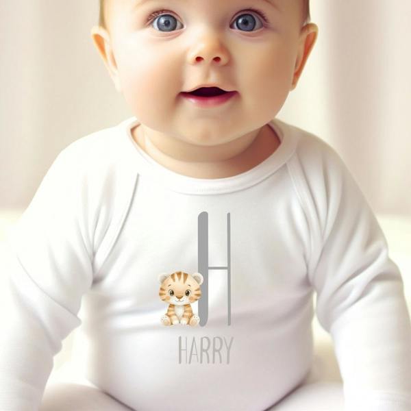 Aye Do Gifts Personalised Little Tiger Baby Grow, Vest or Bib with Initial Name