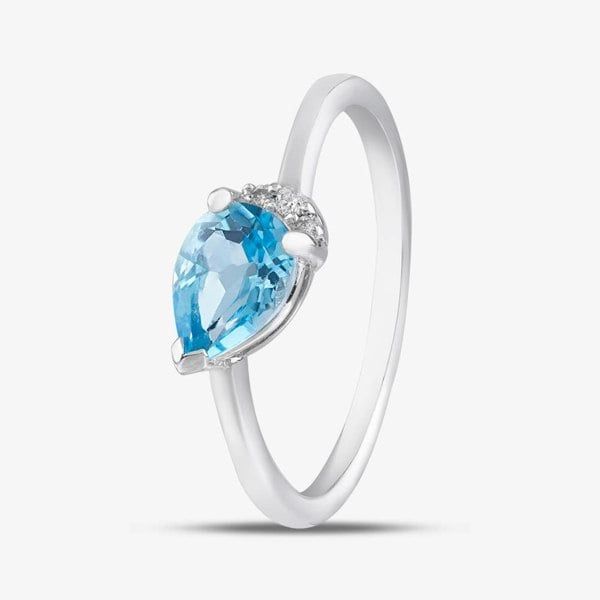 T. H. Baker 9ct White Gold Pear Cut Blue Topaz & Diamond Crossover Ring 4431-10