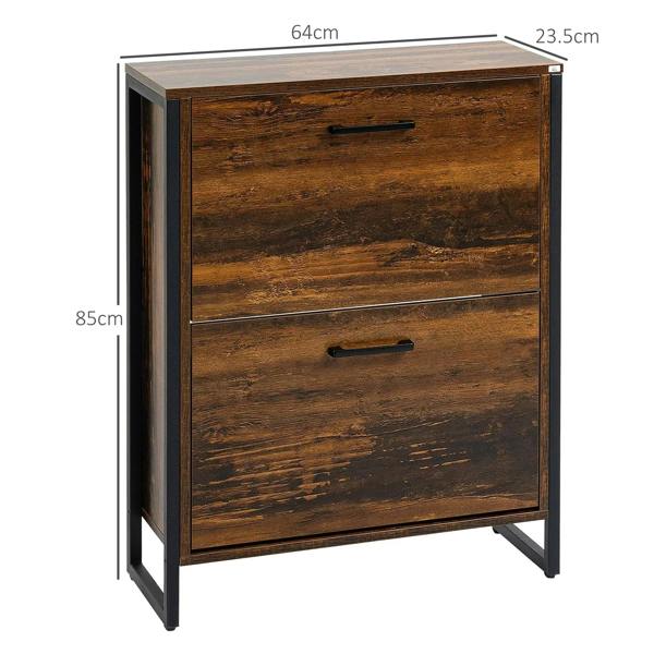 Wood-effect shoe cabinet in rustic brown with 2 drawers and bar pull handles