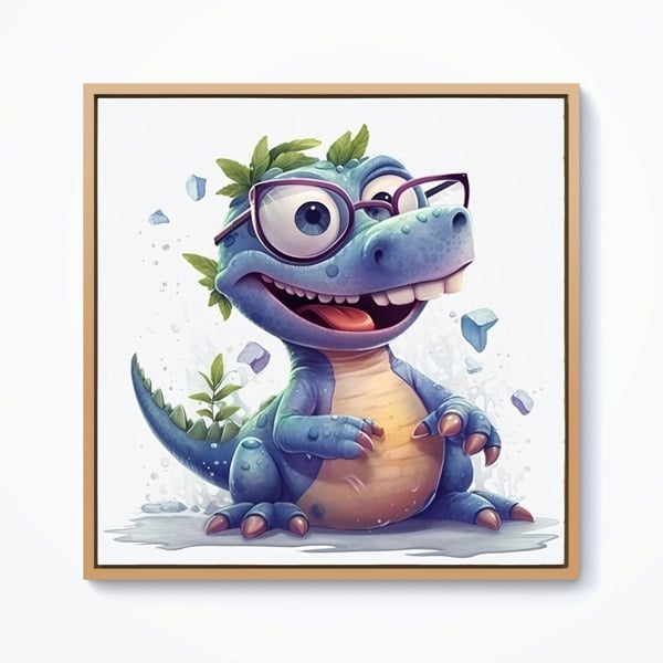 Warren Reed Happy Dinosaur With Glasses Framed Canvas