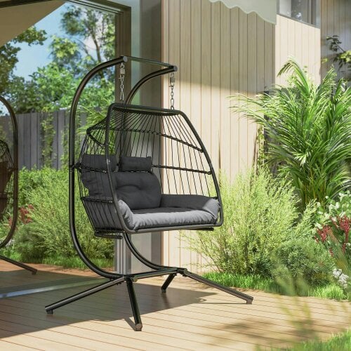 Bobobiy Rattan Double Hanging Egg Chair with Stand, Foldable Wicker Swing Egg Chair with Cushion, Steel Frame, Capacity 260 kg, Dark Grey